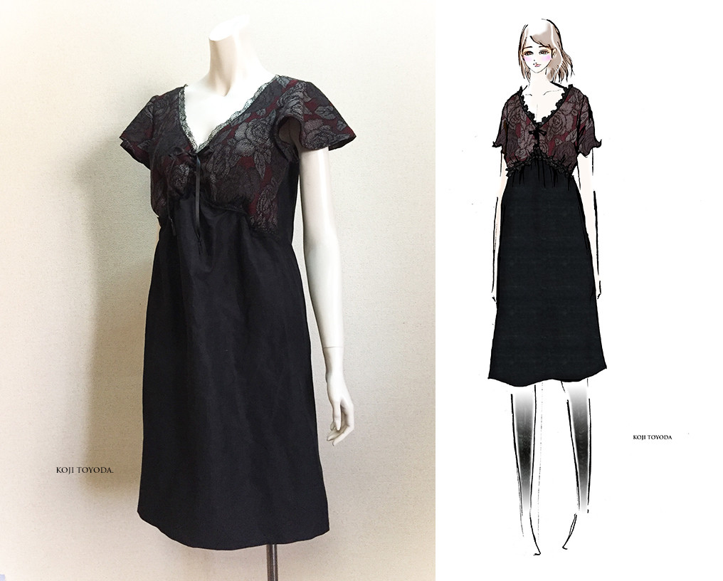 【1点もの・デザイン画付き】高級シルクウール切り替えシャーリングワンピース（KOJI TOYODA）