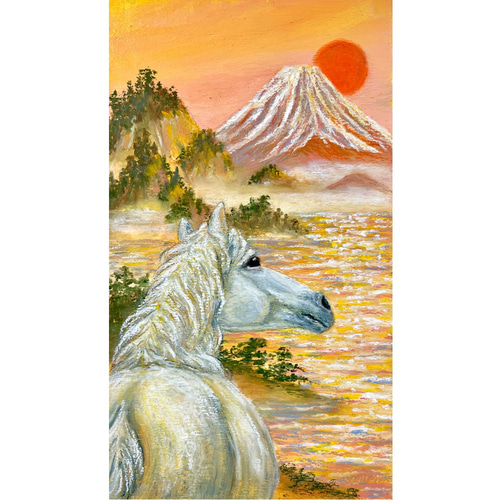 原画】丙午の絵 インテリアパネル 壁掛け アート 風水画 赤富士 絵画