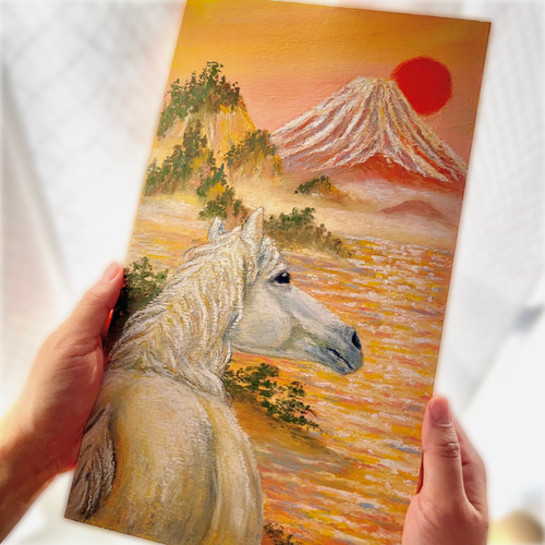 原画】丙午の絵 インテリアパネル 壁掛け アート 風水画 赤富士 絵画