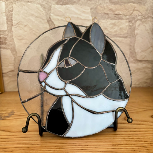 ステンドグラスパネル　　バラとネコ 送料無料》 【黒猫とカーテン】ステンドグラス・パネル | iichi 日々の