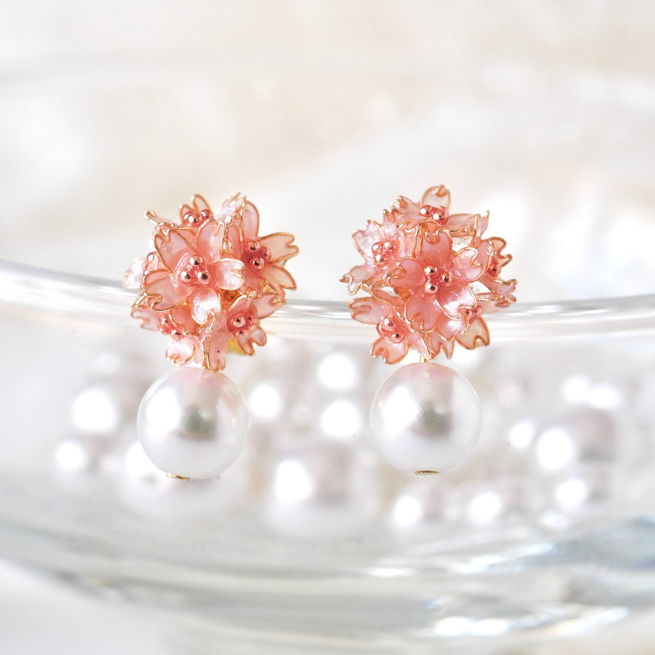 【特集トップバナー掲載】桜パール　イヤリング/ピアス　ディップアート　ディップフラワー　桜2026