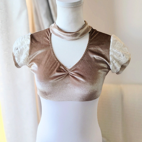 Ｓ～Ｍ／アンティーク風ゴールドベロアとふんわりレース袖チョーカー娘役レオタード 販売済み S～M／アンティーク風ゴールドベロアとふんわりレース袖
