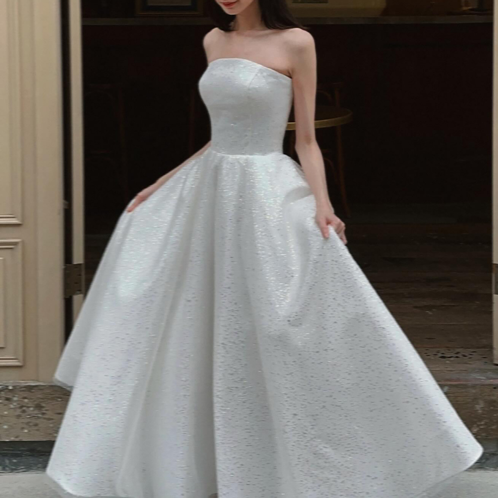 高級感 白 サテン きらきら オフショルダー ウェディングドレス 韓国風 花嫁 披露宴 演奏会 前撮り HL1088