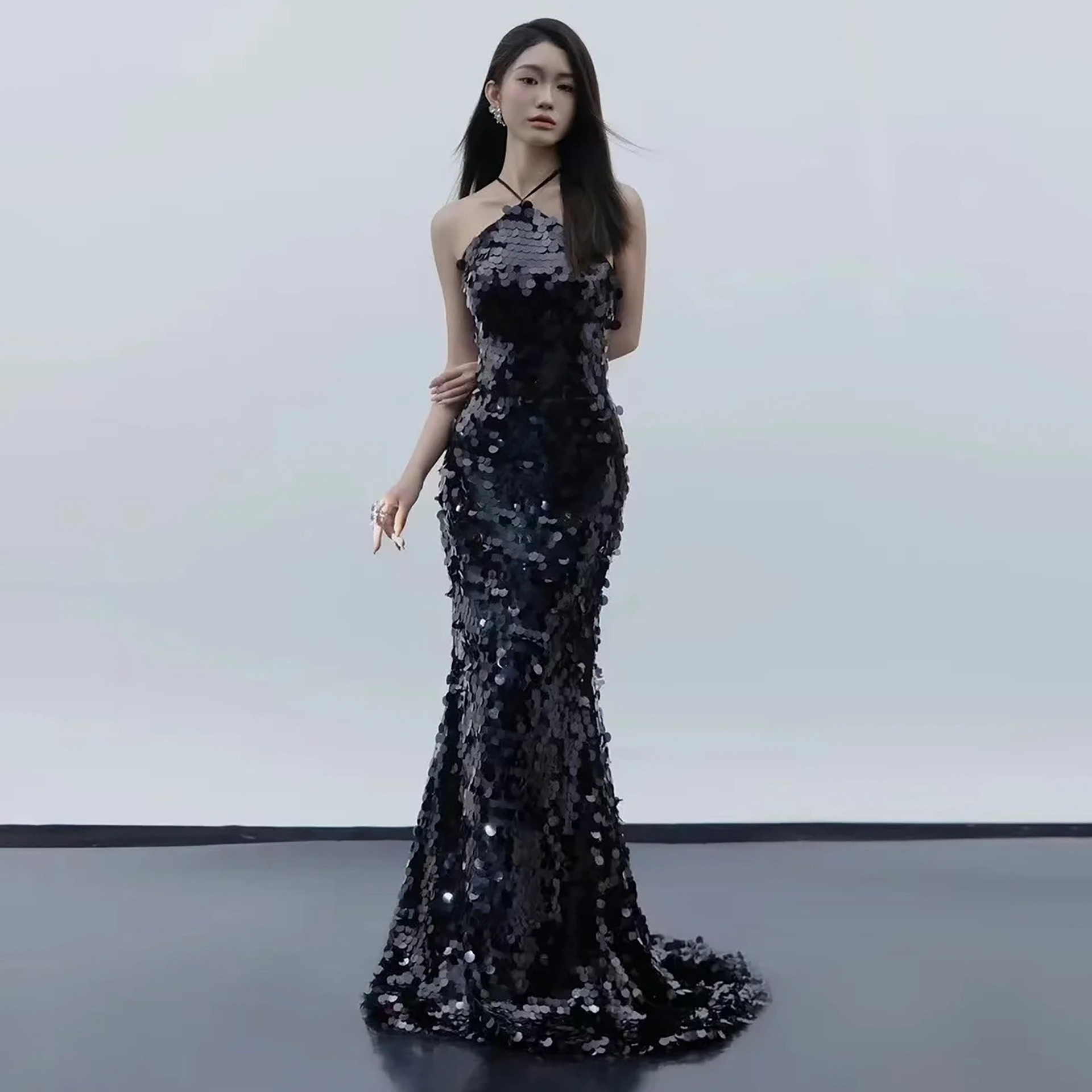高級感 黒 スパンコール マーメイドドレス 韓国風 綺麗 パーティー 誕生日 披露宴 演奏会 前撮り HL1093
