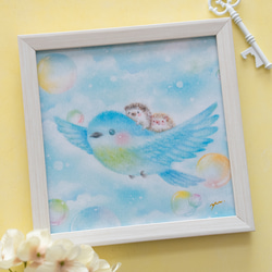 気球に乗って虹色の空の旅【原画】ハリネズミ ミニ色紙 イラスト ちび