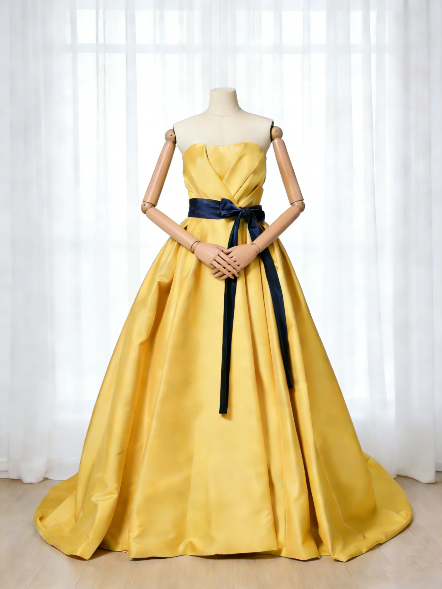 送料無料！カラードレス イエロー サッシュベルト 光沢サテン  前撮り スレンダーライン Aライン パーティーワンピース