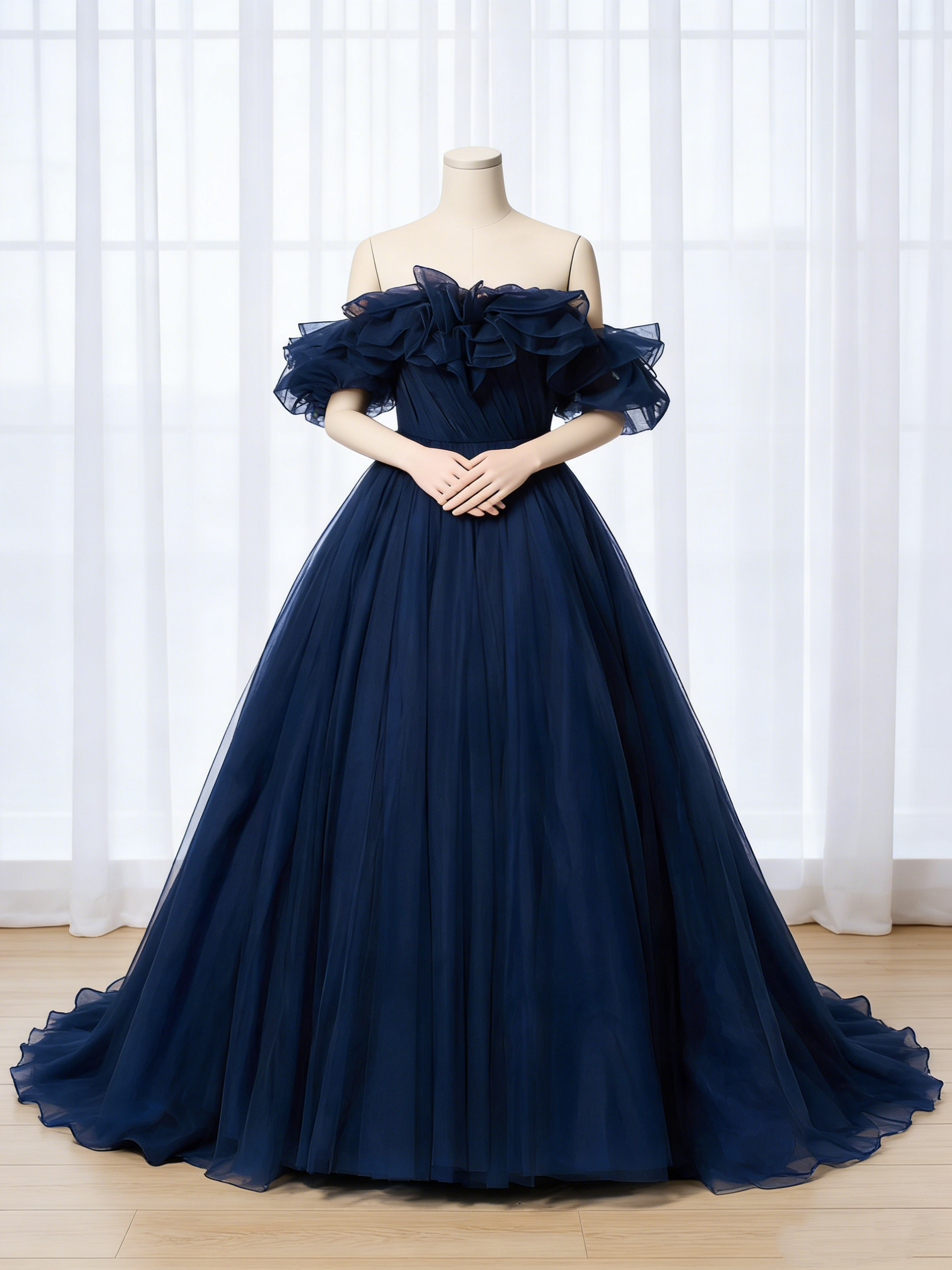 送料無料！カラードレス ネイビー オフショルダー  チュールスカート エレガント 結婚式/披露宴 エアリー感