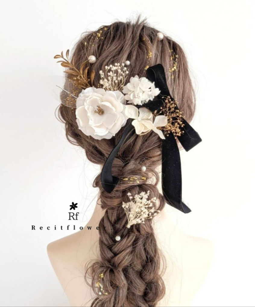 【金箔付】ベロアリボン パール 髪飾り 成人式 卒業式 結婚式 七五三 金箔 白 黒 ゴールド RC286