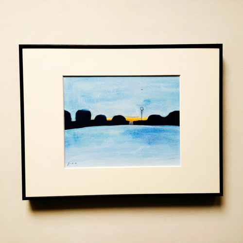 風景画｜原画「夕刻」イラスト 水彩 絵画 一点物 ※太子サイズ額縁入り