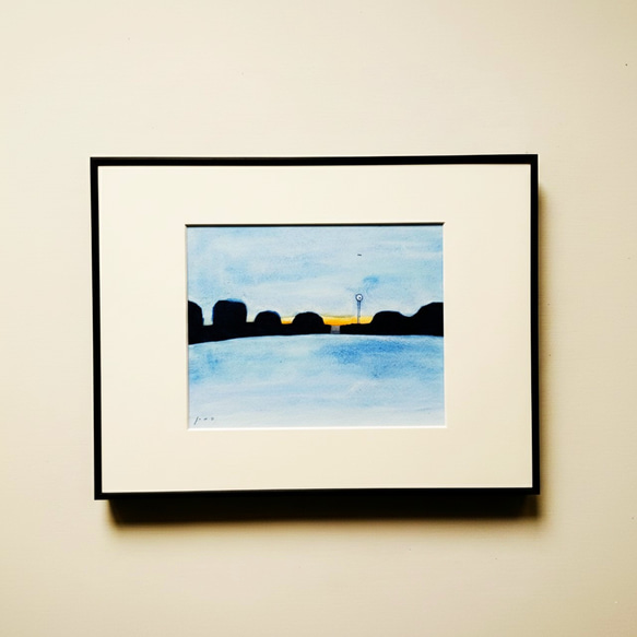 風景画｜原画「夕刻」イラスト 水彩 絵画 一点物 ※太子サイズ額縁入り