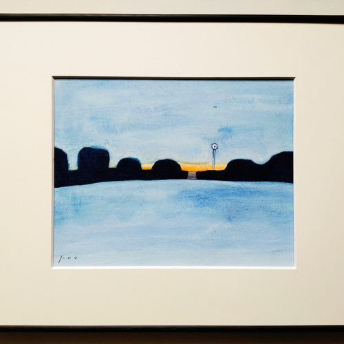 風景画｜原画「夕刻」イラスト 水彩 絵画 一点物 ※太子サイズ額縁入り