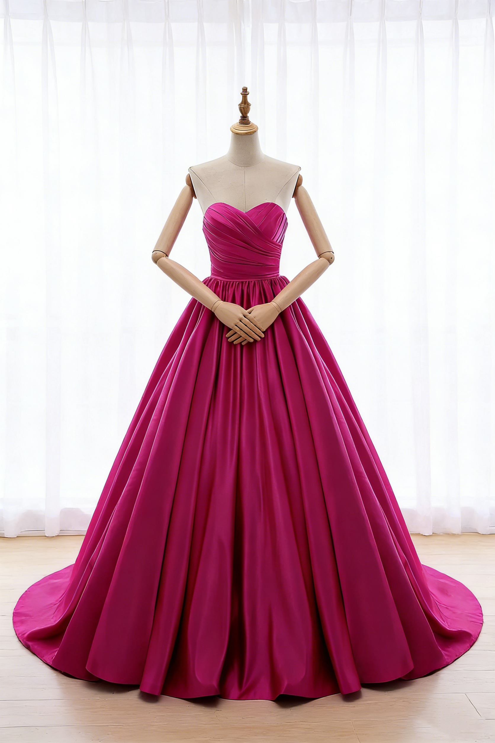 送料無料！カラードレス ビビッドピンク ベアトップ 光沢サテン プリンセスライン ロングトレーン 前撮り