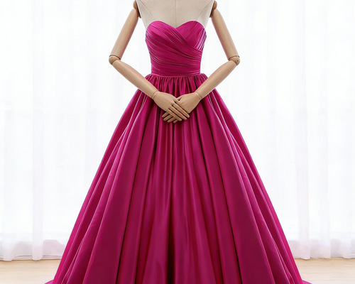 送料無料！カラードレス ビビッドピンク ベアトップ 光沢サテン