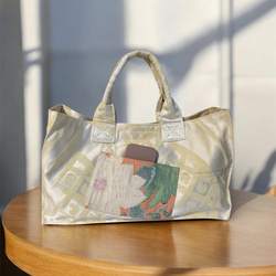 和柄 帯リメイク ショルダーバッグ 名古屋帯 正絹 ブルー 水色 花刺繍