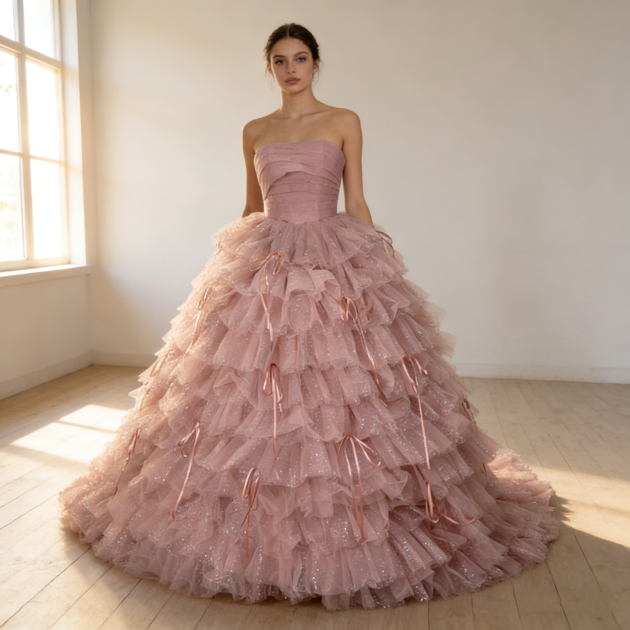 送料無料！カラードレス リボン ビスチェドレス もこもこドレス ふわふわドレス キラキラグリッターチュール 結婚式