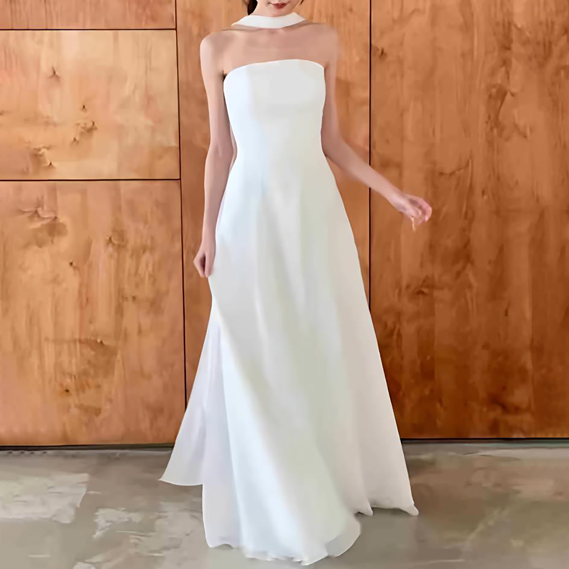 高級感 白 シフォン オフショルダー パーティードレス シンプル 韓国風 花嫁 披露宴 演奏会 前撮り HL1100