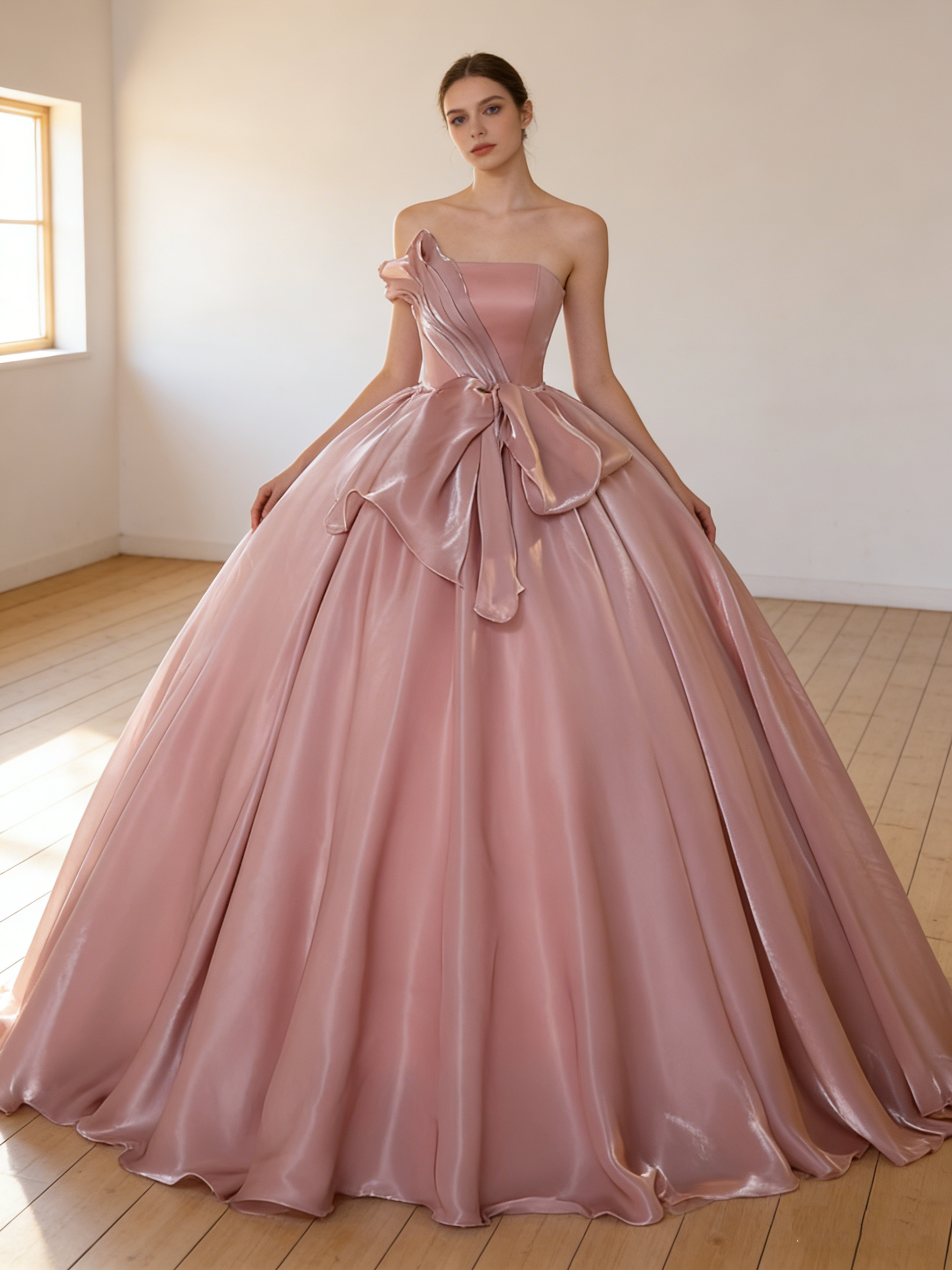 送料無料！カラードレス ピンク リボン ビスチェドレス フレアスカート  結婚式 プリンセスライン 花嫁