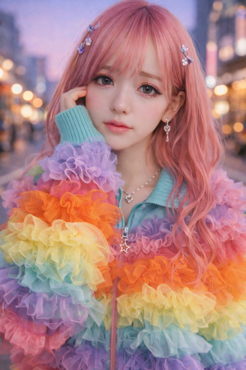 【ワクワクする】虹色ジャケット【夢みたい】 ふわふわフリル レインボーカラー