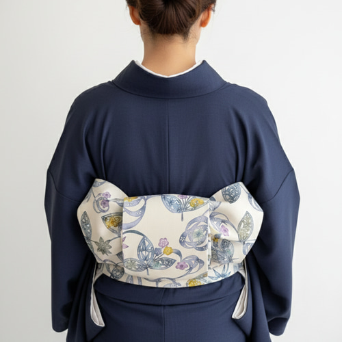 【半幅帯】オウム柄♡リバーシブル 紺色　　ラスト１点！ KYOETSU（京越） 半幅帯 oluza 日本製 リバーシブル 長尺 ロング