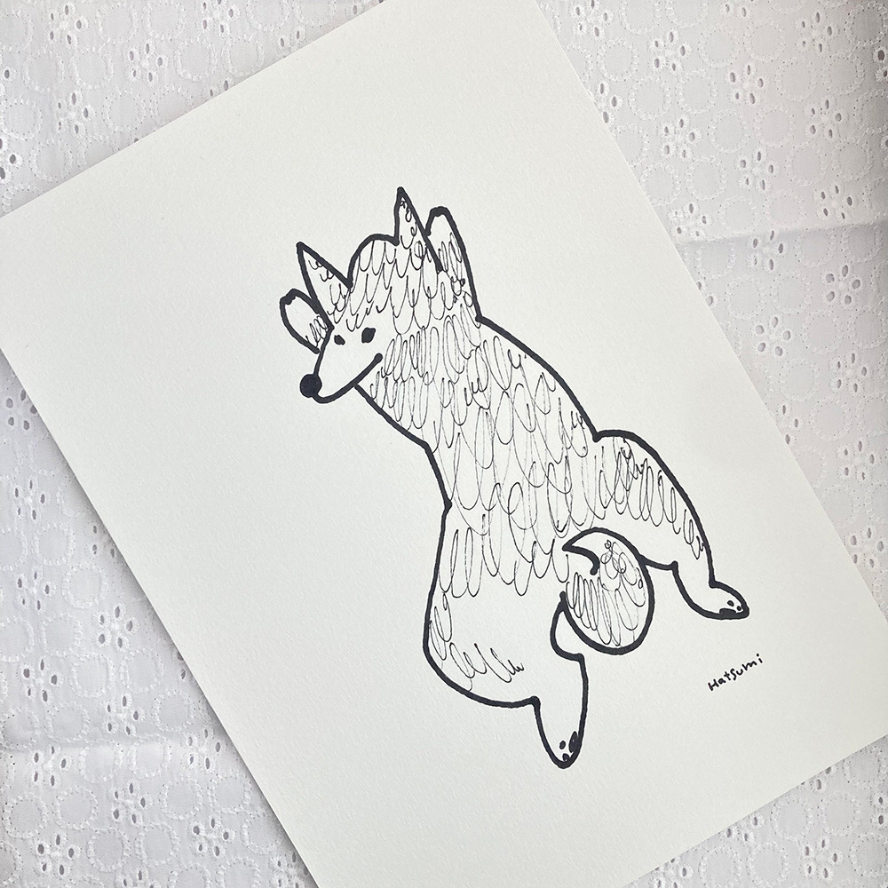（イラスト原画）寝そべる柴犬　※原画のみ/額縁、マットなし※　　原画　イラスト　アート　動物　犬　柴犬　線画