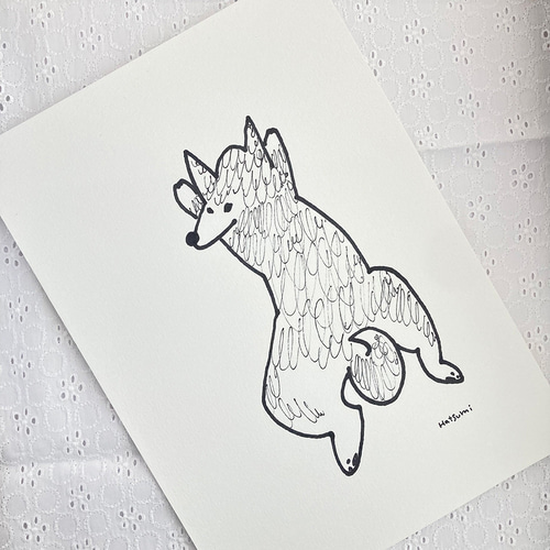 イラスト原画）寝そべる柴犬 ※原画のみ/額縁、マットなし※ 原画