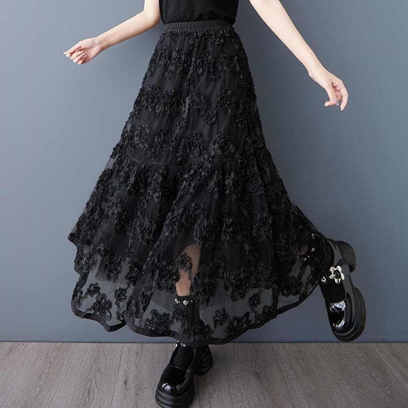 大きいサイズ スカート　花柄　レース　レディース 春夏　 新品 ロング　ブラック