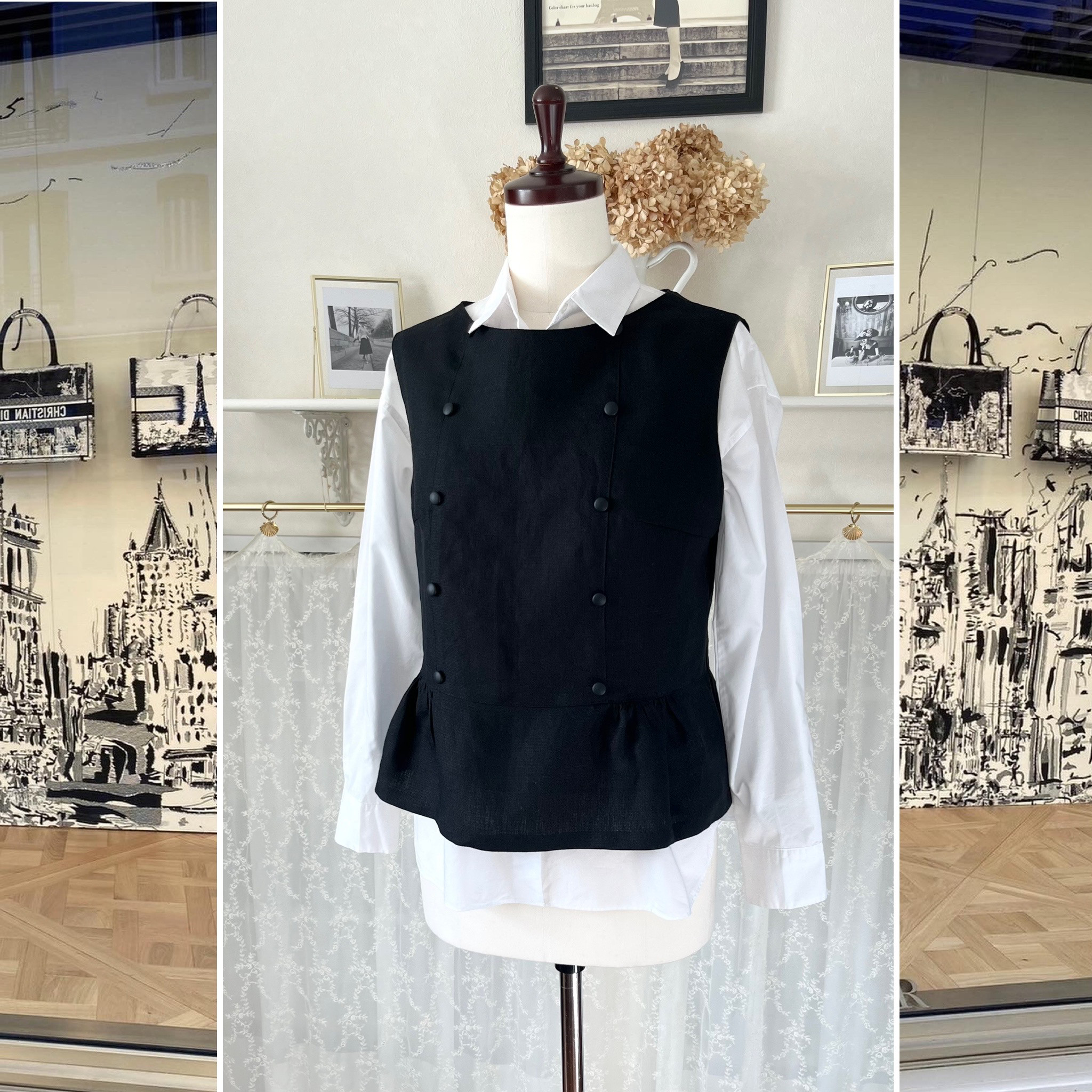 ブラックリネンのギャザーブラウス/A『黒・ノースリーブ・重ね着・後ろファスナー・パリのリネン・1点のみ』