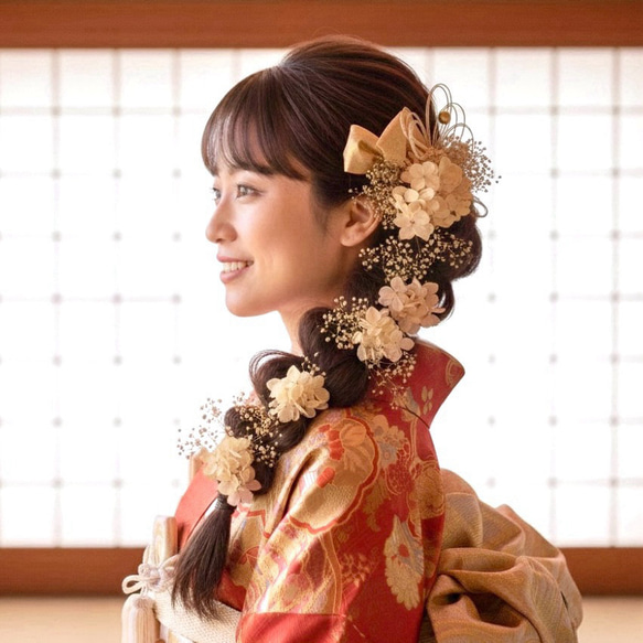 ベージュ&ゴールド 和装 髪飾り 成人式 結婚式 卒業式 振袖 着物 花嫁