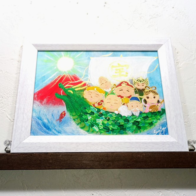 風水吉祥 縁起物 絵画＊龍舟七福神～波に乗って赤富士へ～緑龍　宝船　福徳円満　豊かさ　健康　今月の一点もの　新作2026
