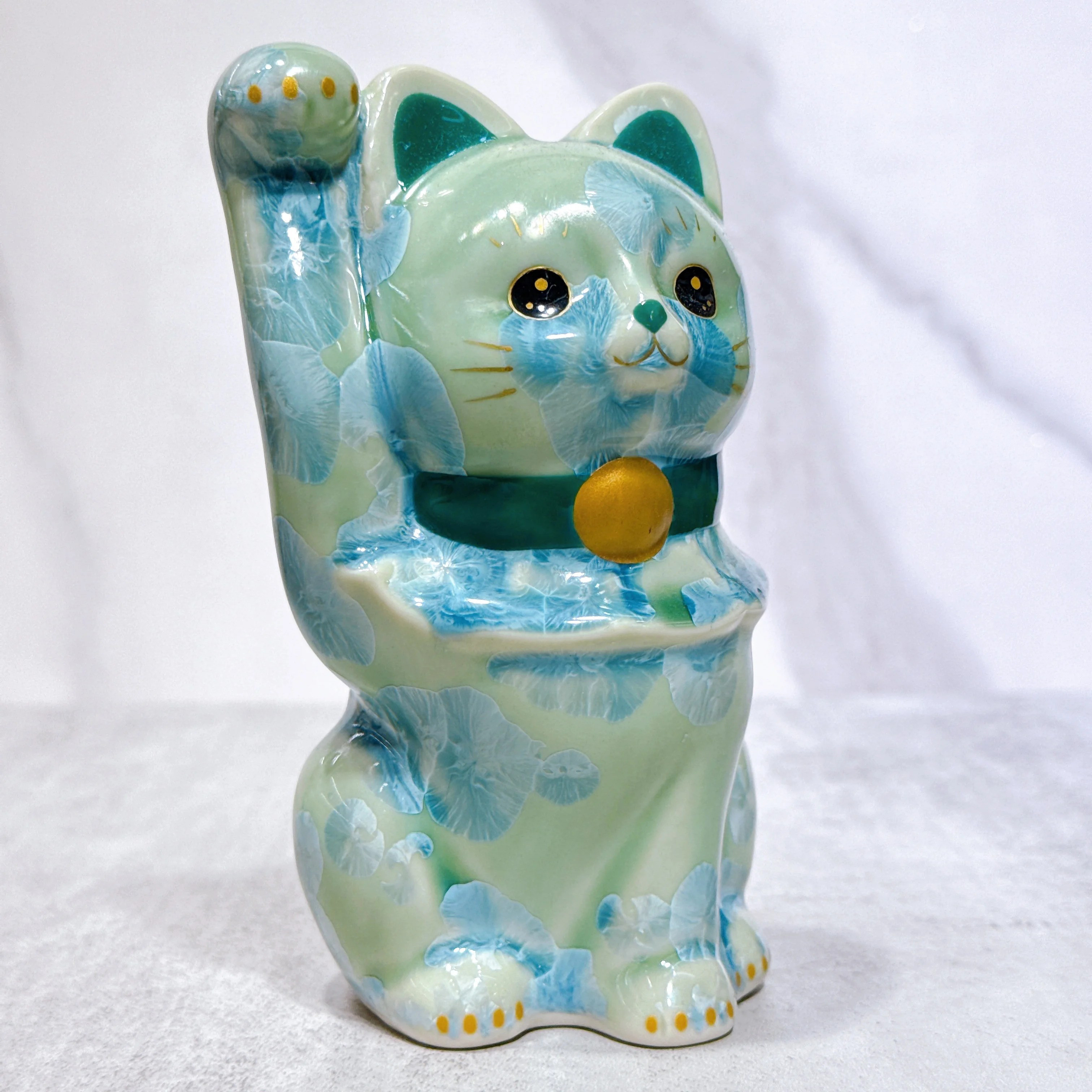 【清水焼 招き猫】花結晶、グリーン  SW1-F15