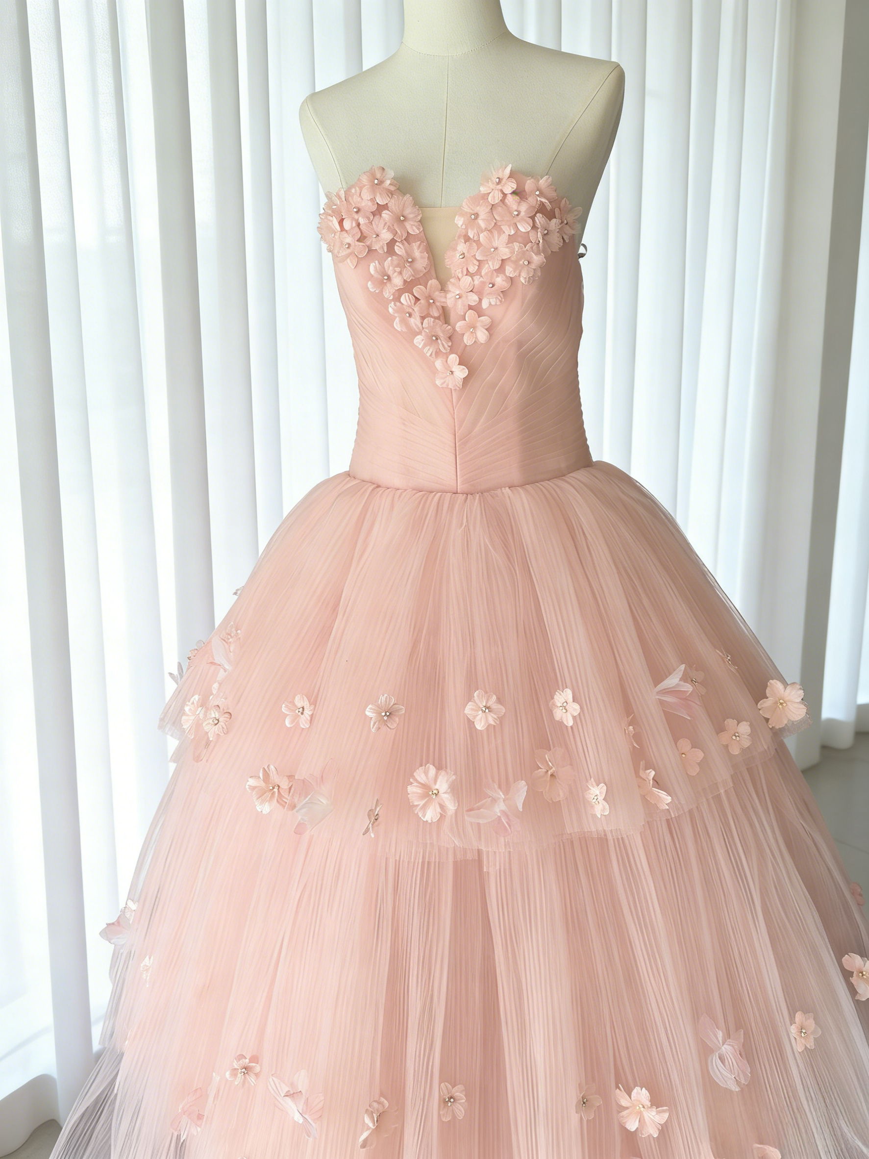 ピンク立体花 シャーリングチュール ケーキ プリンセスドレス  カラードレス  花嫁パーティー