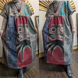 手ぬぐいと浴衣色々柿渋染めパンツ 手ぬぐいリメイク ロングパンツ