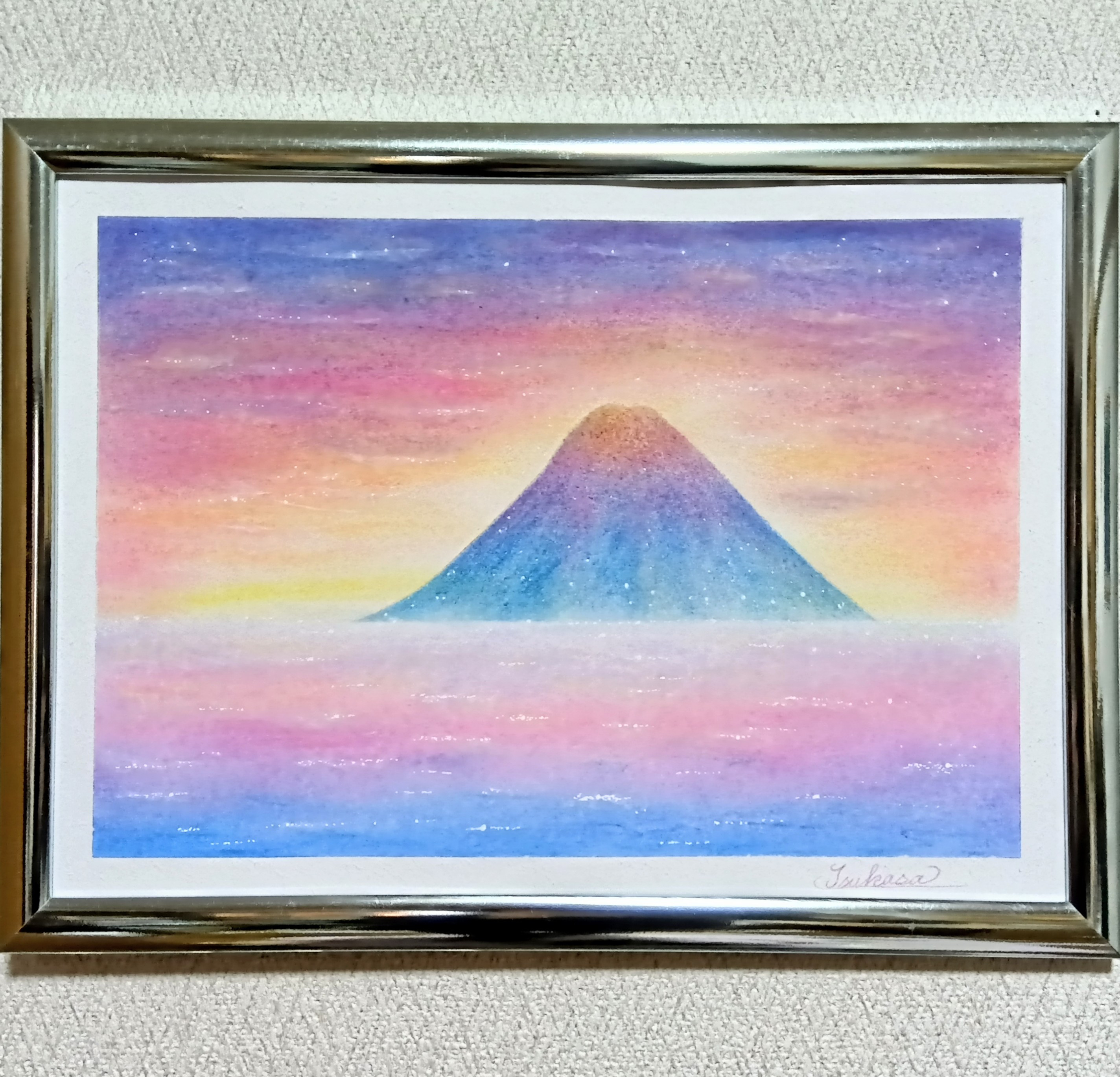 新春の月　絵画アート原画　パステル画 A4】パステルアート 暁と赤富士 新たな年の黎明 パステル画原画 富士山