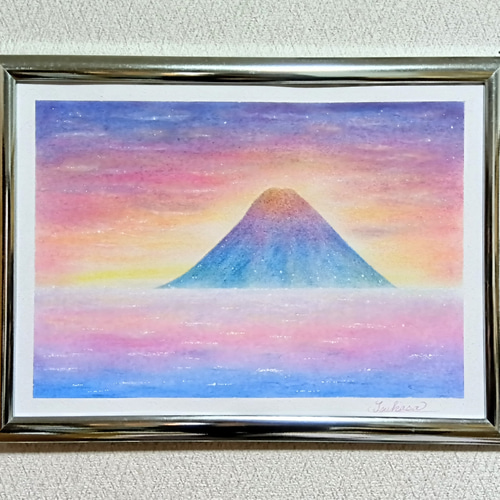 新春の月　絵画アート原画　パステル画 A4】パステルアート 暁と赤富士 新たな年の黎明 パステル画原画 富士山