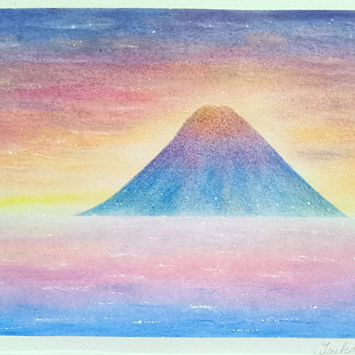 A4】パステルアート 暁と赤富士 新たな年の黎明 パステル画原画 富士山