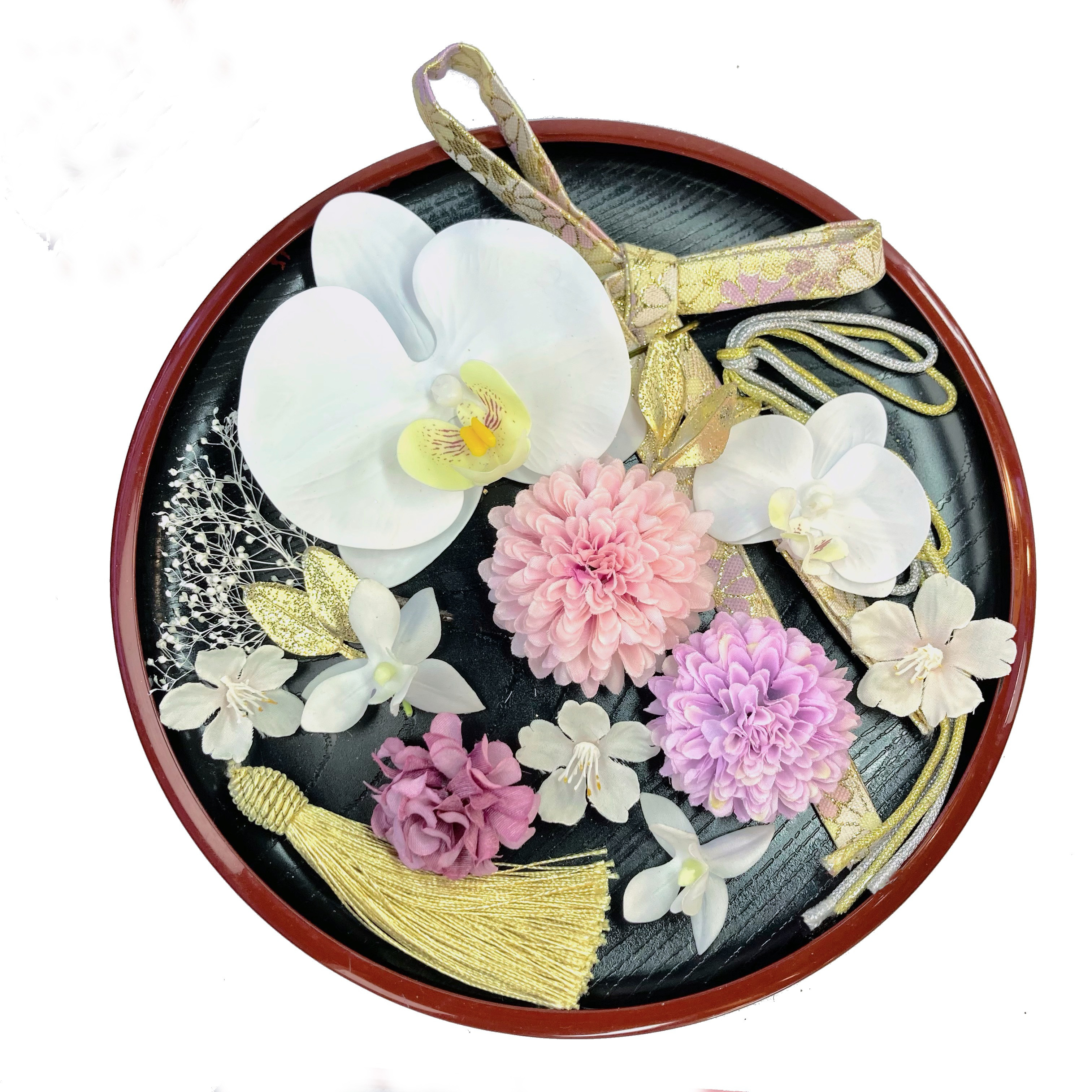 胡蝶蘭 と ピンク パープル お花 髪飾り 選べる タッセル と リボン チュール  着物 結婚式 成人式 桜