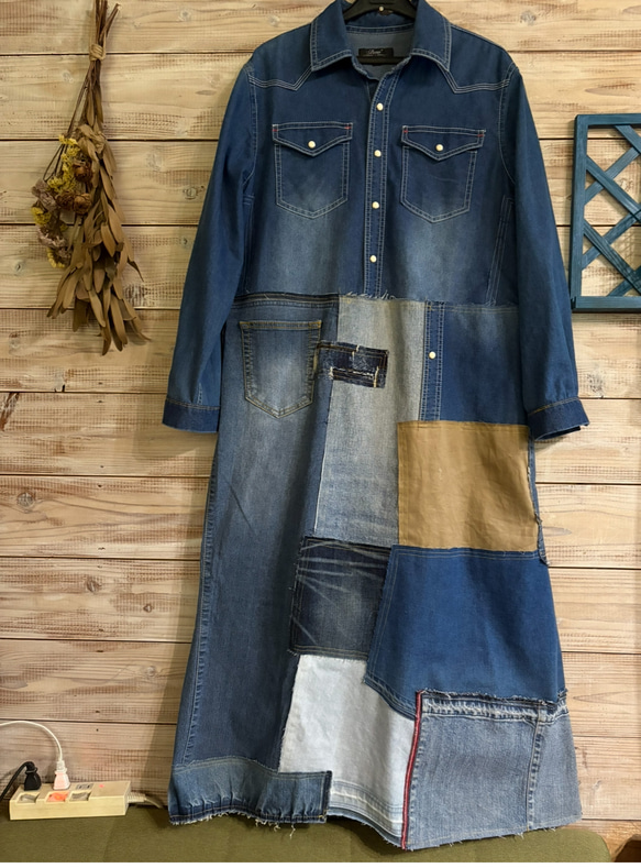 デニムシャツリメイクパッチワンピース ワンピース MAXまま 通販