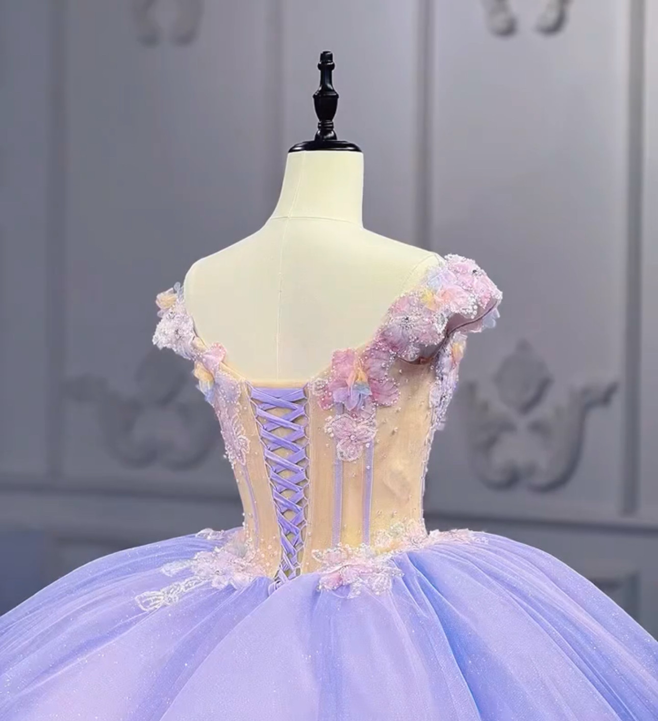 高級感溢れる　二の腕カバー　ブルーパープル　編みあげサイズオーダーかのう　咲き誇るフラワー　カラードレス　チュール結婚式