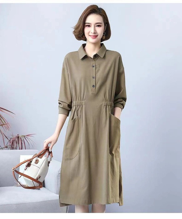 大牌剪標女装春秋亜麻ワンピースカジュアル長袖綿麻母スカート