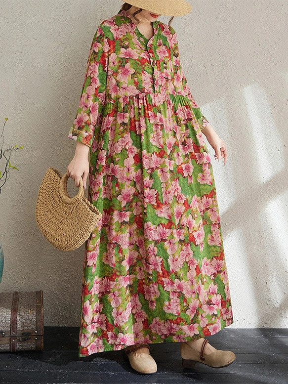 長袖のドレスの復古の絣綿麻の女性の秋のゆったりした大きいサイズはお腹を隠してやせて見えます感垂れ下がって亜麻の長いローブ