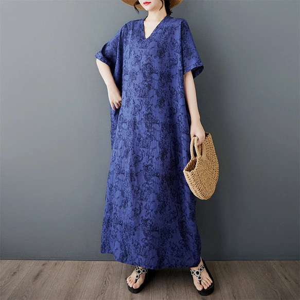 2026夏中高年ママ服外換ワンピースVネックプルオーバー森女半袖特寛ボヘミアンロングスカート