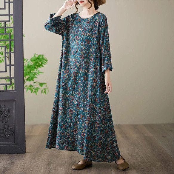 復古の絣の長袖のワンピース婦人服の秋のゆったりした大きいサイズのカジュアル見えやせ丸領綿麻の長いスカート