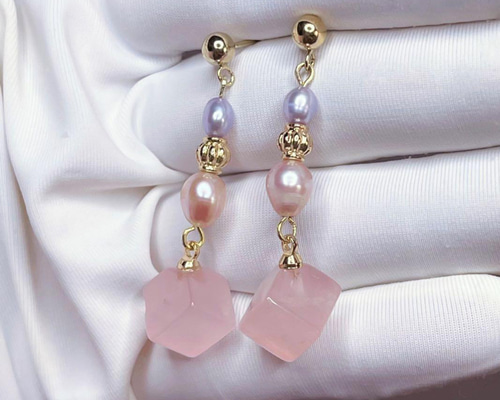 ☆天然石☆天然無処理ローズクオーツ♡本真珠♡14kgfピアス ピアス