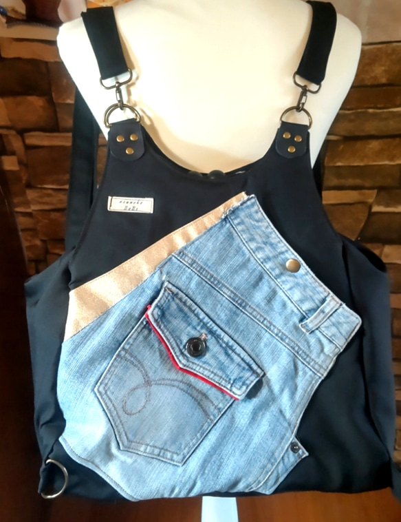 2wey! 両面表面 金帯銀帯 デニムリメイク あおりがま口リュック バッグ