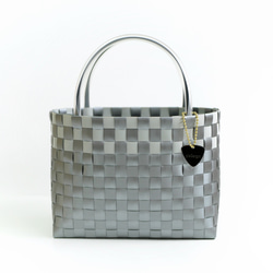 シルバー編み込みバケツ型かごバッグ PPバッグ ミドル シルバー ビニール かごバッグ 温泉 : ラタンハウス