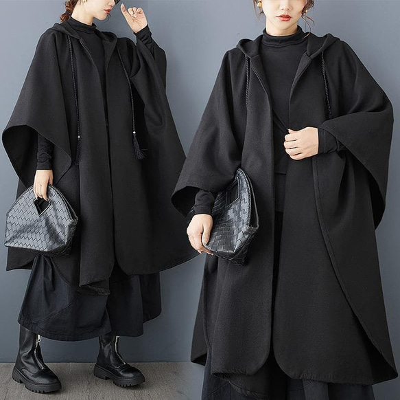 新品 大きいサイズ ゆったり ケープコート ポンチョ フード 黒 秋冬