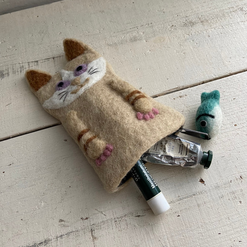 オリジナル 羊毛 フェルト 猫ちゃん ポーチ ハンドメイド ポーチ orb