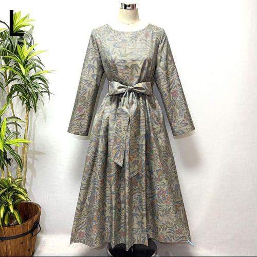 着物リメイク 大島紬ワンピース 花柄 2WAY ゆったり Lサイズ ふんわり