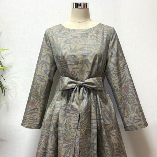 着物リメイク 大島紬ワンピース 花柄 2WAY ゆったり Lサイズ ふんわり