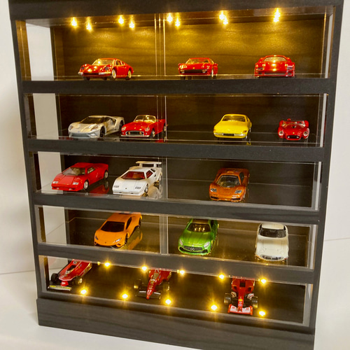1/64展示35台可能・漆黒ウッド・5層式ディスプレーBOX / LED照明20灯